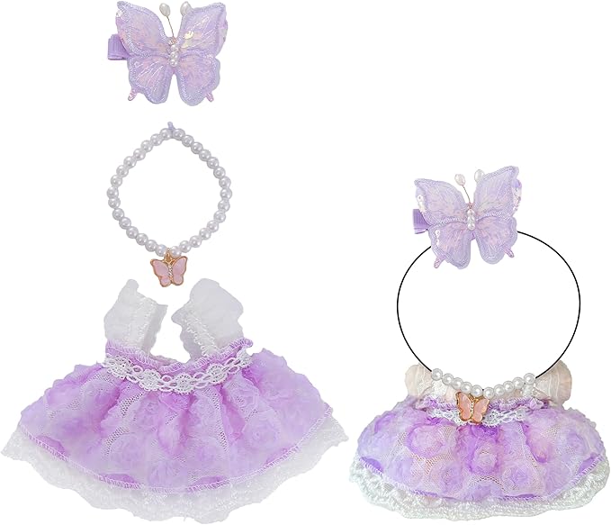 17cm Doll Clothes Set & Dolls Outfit 3-Piece Handmade Doll Clothing Set with Purple Dress Necklace and Butterfly Decor Accessories for 17cm Plush Dolls, Clothes Only, No Doll Included (Purple B)