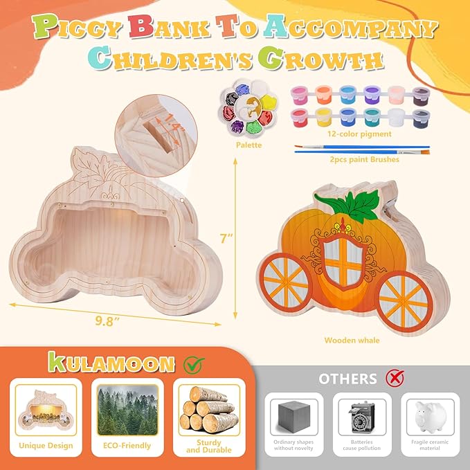 Wooden Piggy Bank for Kid, DIY Night Light Personalized Money Bank for Boy, Girls, Unbreakable Saving Box with Paintbrush and 12 Paints, Coin Jar Gifts for Kid Birthday&Decor (Carriage)