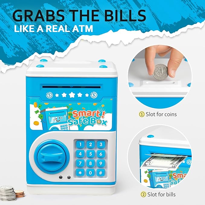 ATM Piggy Bank for Boys Girls, Vcertcpl Mini ATM Coin Bank Money Saving Box with Password Code, Kids Safe Money Jar for Real Money with Auto Grab Bill Slot, Great Gift Toy Bank for Kids (Blue)