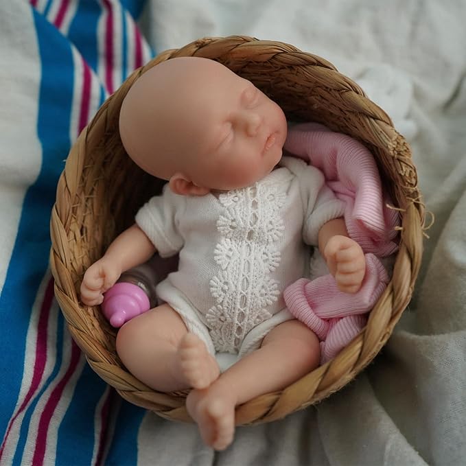 7 inch Full Body Silicone Baby Dolls ，Mini Realistic Newborn Baby Doll Real Life Miniature Baby Doll with Feeding Accessories