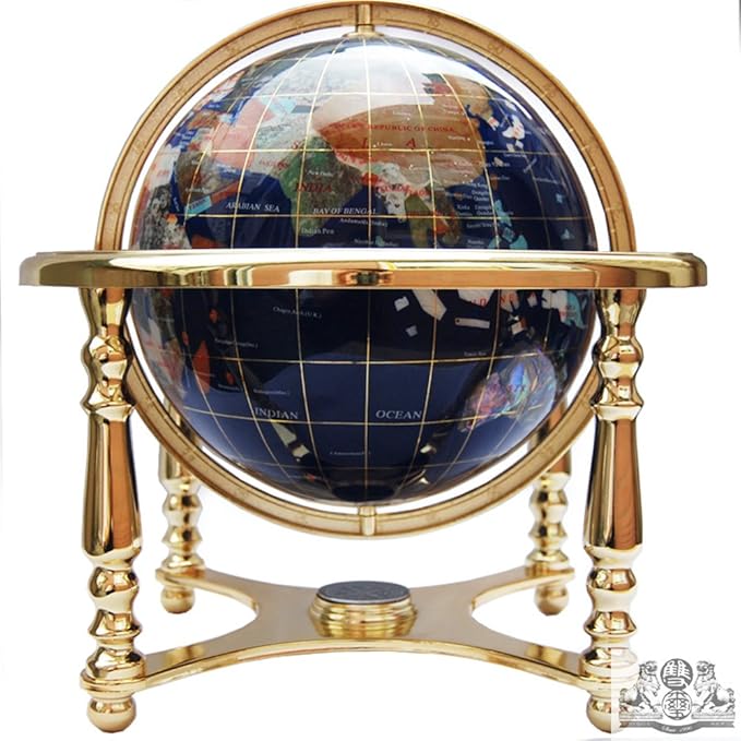 Unique Art Since 1996 13-Inch by 9-Inch Blue Lapis Ocean Table Top Gemstone World Globe with Gold Tripod, 220-GB-BLUE-GOLD