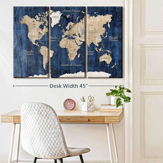 ElephantStock Aged Blue World Map II Canvas - 3 Panel Wall Decor - World Map Digital Art - Blue Wall Art - 45" X 28"