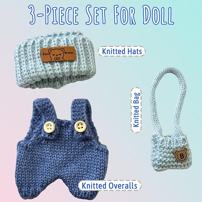 Clothes for Dolls, Handcrafted Crochet 3-Piece Set for 17cm Doll, Stylish Knitted Outfit with Hat, Overalls, Bag Accessories for Doll