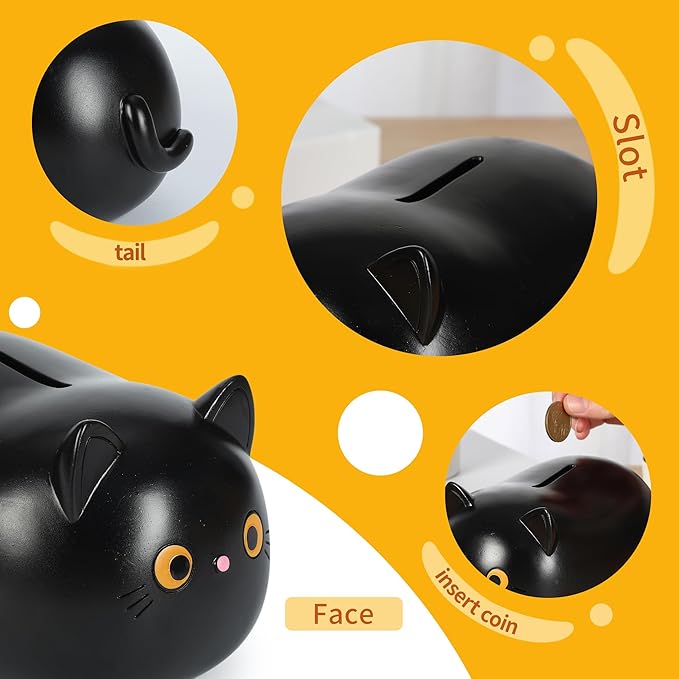 H&W Black Cat Piggy Bank for Girls,Plastic Coin Bank,Unbreakable Money Bank,Cute Piggy Bank for Kids,First Money Box,Best Birthday