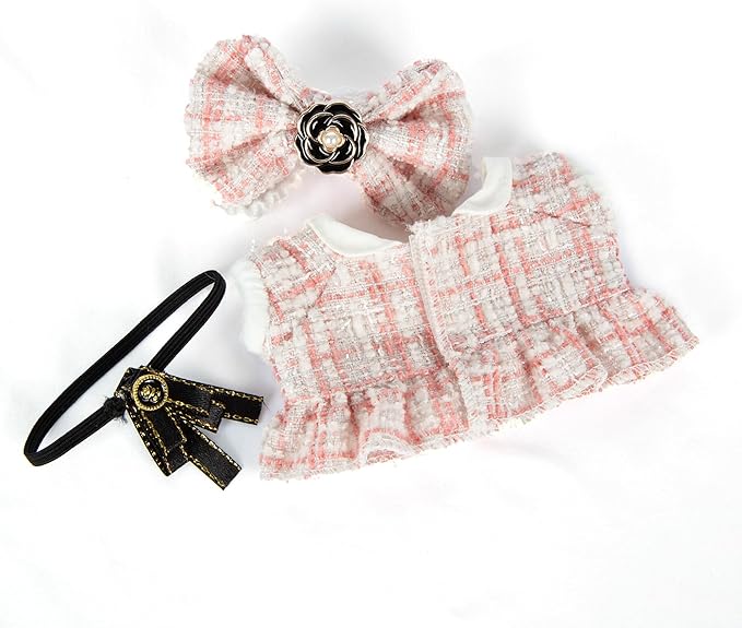 17cm Doll Outfits for Labubu - Luxury Chic Style Set for 17cm Dolls, Premium Doll Clothes with Accessories - Pink Plaid Tweed Dress + Black Necktie + Plaid Bow (Clothes Only)