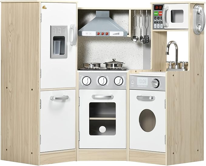 Qaba Ultra-Big Corner Kids Kitchen Playset with Sound Effects, Wooden Play Kitchen with Stainless Steel Cooking Toys, Imaginative Pretend Toy for Ages 3-6 with Phone, Ice Maker