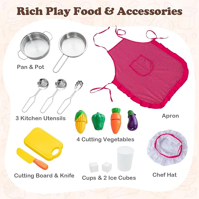 HONEY JOY Corner Kids Kitchen Playset, Wooden Play Kitchen for Toddlers, Range Hood & Stove with Lights and Sounds, Water Circulation, Little Chef Pretend Toy Kitchen Set for Boys Girls, Brown