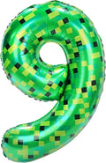 40in Pixel Giant Number 9 Balloon Birthday Decorations, Miner Theme Green Foil Balloons Blast Gaming Party Supplies