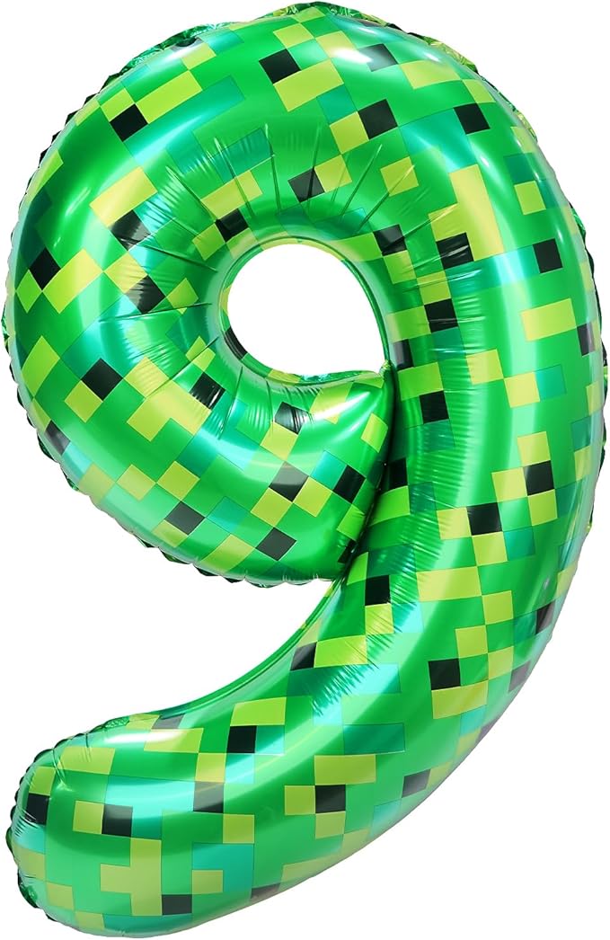 40in Pixel Giant Number 9 Balloon Birthday Decorations, Miner Theme Green Foil Balloons Blast Gaming Party Supplies