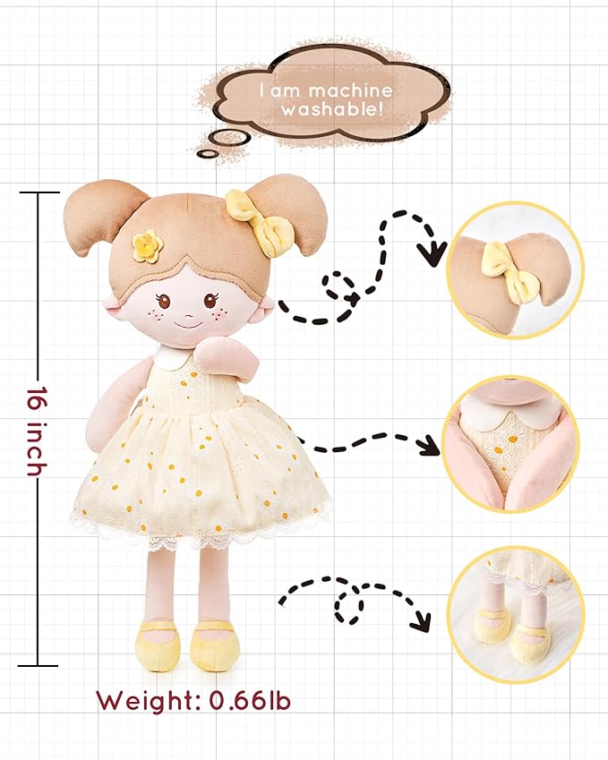 LeyaDoll Soft Baby Doll Toys (16''), My First Baby Rag Doll for 1 Year-Old Girl Birthday Gift, Christmas Plush Toys Gift for Toddler Kids Infants-Daisy Yellow