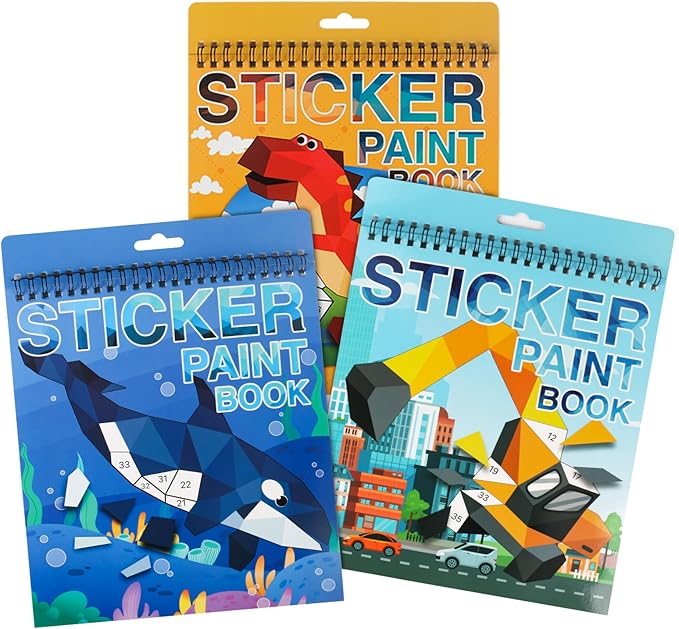 Reusable Sticker Book for Kids, Car Stickers Crafts for Kids Ages 4-8 Paint by Sticker Boys and Girls Birthday Gifts Party Favor, Travel Activity Book Set for Learning (Dinosaur+Ocean+Vehicle)