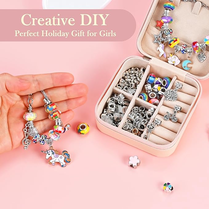 Charm Bracelet Making Kit for Girls Ages 3-12 | 165 Pcs Jewelry Making Kit Supplies for Adults | DIY Jewelry Crafts with Nice Box | Unicorn Mermaid Themed Gift for Kids Birthday Christmas Party