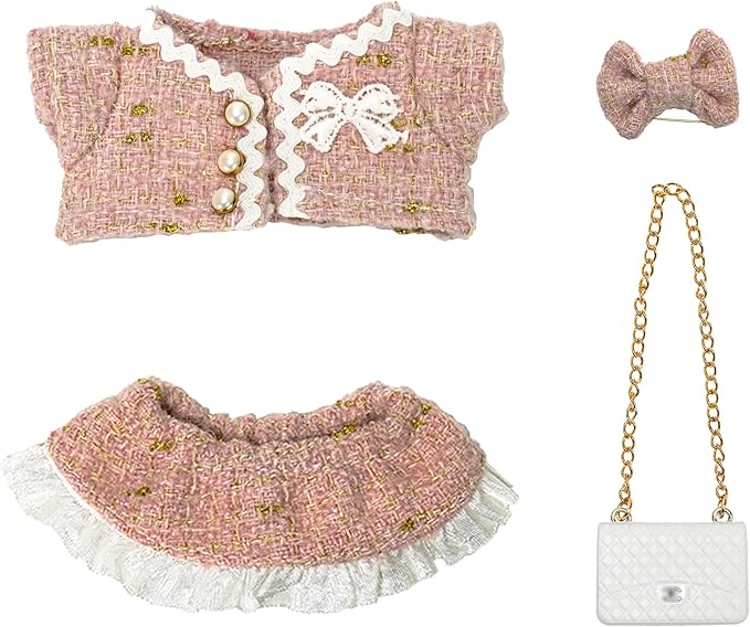 17cm Doll Clothes - Princess Dress with Velvet Hair Bow, Party Outfits for Plush/Blind Box, Luxury Chic Style Set, High-End Fashion Accessories (Pink Skirt Suit)