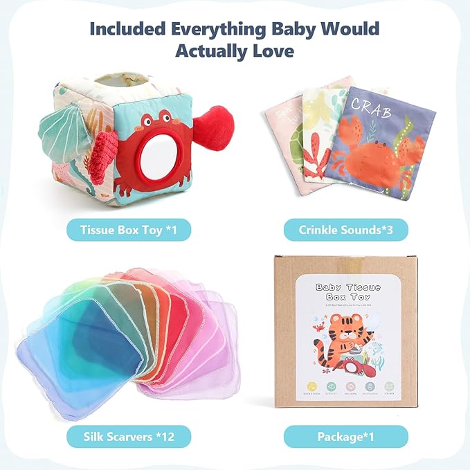 Baby Tissue Box Toy, Montessori Sensory Toys for 6-12 Months, 6 Month Old Baby Must Haves, with Crinkle Paper, Silk Scarves, Safety Mirror, Perfect Early Learning Gift