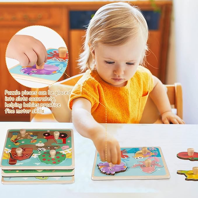 Wooden Toddler Puzzles - 4 Pcs Eco-Friendly Animal Patterns Jigsaw With Handles - Infant Kid Fine Motor Skill Learning Educational Montessori Toys for 1-3 Years Old