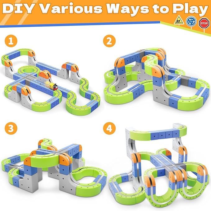 Magnetic Track Car Toys, 101PCS Flexible Race Car Track Sets for Toddlers with Electric Train, Traffic Signs, Kids Train Set Toys for 3 4 5 6 7 8 Year Old Boys Girls Birthday Party Gift-Large