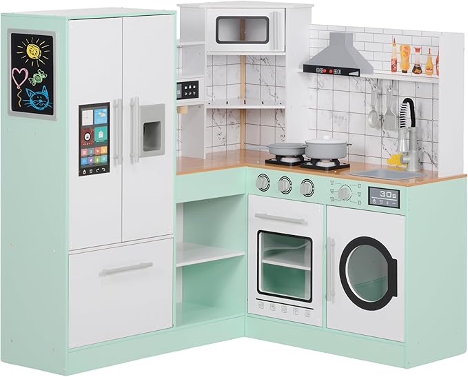 Qaba Play Kitchen, Corner Kids Kitchen Playset with Chalkboard, Range Hood, Ice Maker, Stove, Refrigerator Microwave, Realistic Sound & Lights, Pots, Gift for Toddlers Ages 3+ Years Old