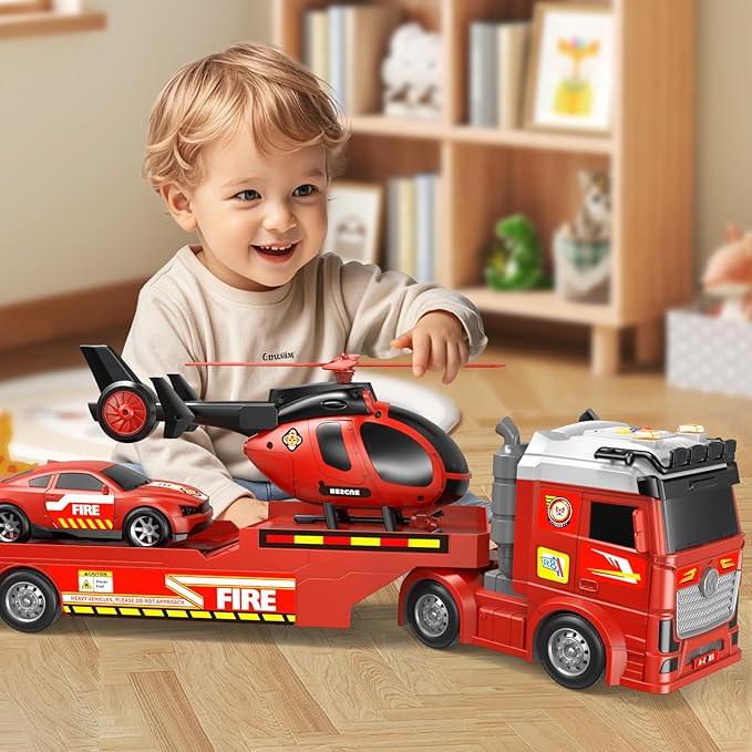 Kids Toys for Ages 3 4 5 6 7 8 Years Old Boys, 25" Large Fire Semi Truck with Helicopter & Race Car, Friction Powered Vehicle with Lights & Sounds,Birthday Gift for Boys Girls