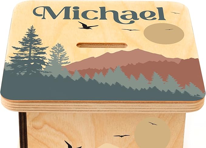 Wooden Piggy Bank for Kids and Adults, Personalized Gift Handmade in USA by BloomOwl, Custom Piggy Bank, Personalized Banks for Kids, Gifts for Baby Boys and Girls (Mountains)