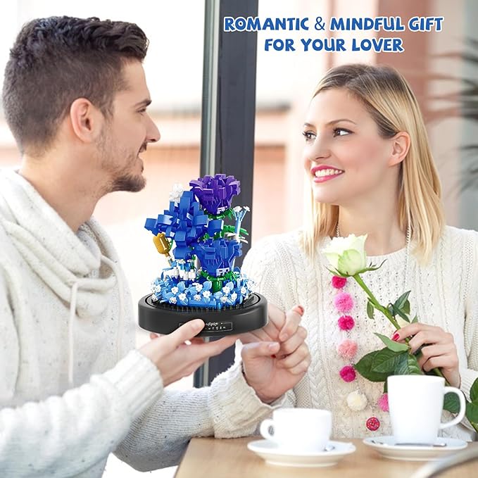 QLT QIAOLETONG Flower Bouquet Building Set, 630 PCS Blue Rose Mini Building Blocks Kit for Adults, Flowers Botanical Collection for Home Decor, Mother's Day for Her Mom Women Wife Girlfriend