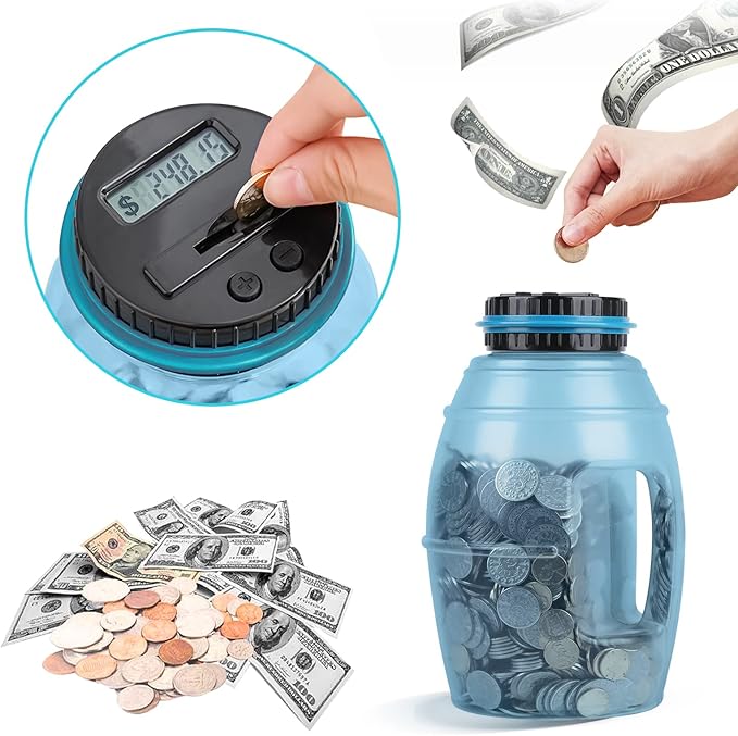 X-Large Piggy Bank for Adults, Vcertcpl Digital Counting Bank with LCD Counter, 2.8L Capacity Coin Bank Money Jar, Designed for All US Coins (Blue2)