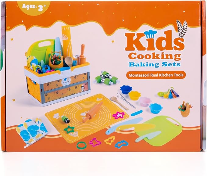 52 PCS Kids Cooking Sets, Montessori Pretend Play Kitchen Toys for Real Cooking Baking, Toddler Knife Set with Chef Hat & Apron, Kids Baking Set for Boys Girls Christmas Birthday Gift