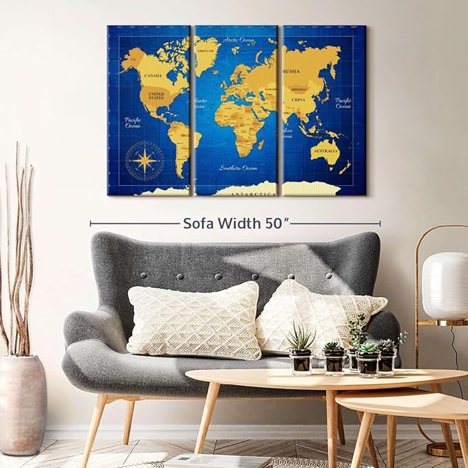 ElephantStock Yellow Longitude World Map Multi Piece Canvas - 3 Panel Wall Decor - Map of the World Art - Canvas for the Office and Home - 45" X 28"