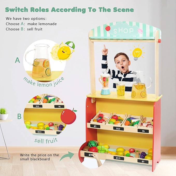 Wooden Puppet Theater Bonus 2 Hand Puppet, Double-Sided Lemonade Stand & Puppet Show Theater for Kids, Wood Deluxe Children Puppet Theatre Toy with Chalkboard