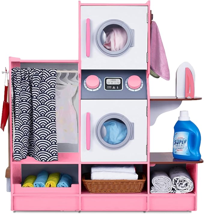 Lil’ Jumbl Kids Washer and Dryer Playset, Wooden Children's Pretend Laundry Set, Includes Broom, Dustpan, Iron, Hangers & Basket, Realistic Laundry Room for Kids - Pink
