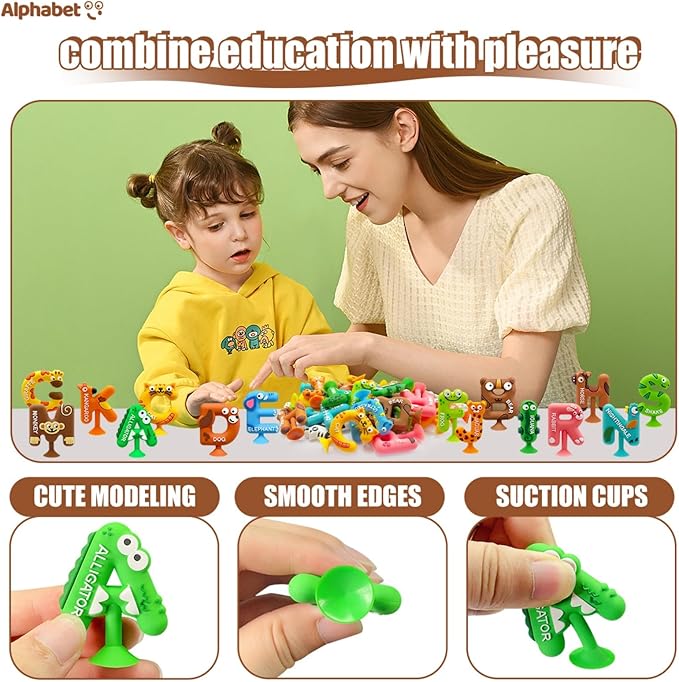 Suction Bath Toy for Toddler, 26PCS Animal Alphabet, Montessori Sensory Toy Gift for Kids Aged 3-12, Educational Spelling for Autism/ADD/ADHD,No Hole Bath Toy for Baby Toddlers