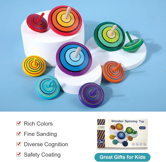 WODI Wooden Spinning Tops, 9 Pcs Wood Novelty Gyroscopes, Kids Handmade Painted Spinner, Kindergarten Toys, Vintage Craft Spin Top, Great Gift for Toddlers Girls Boys