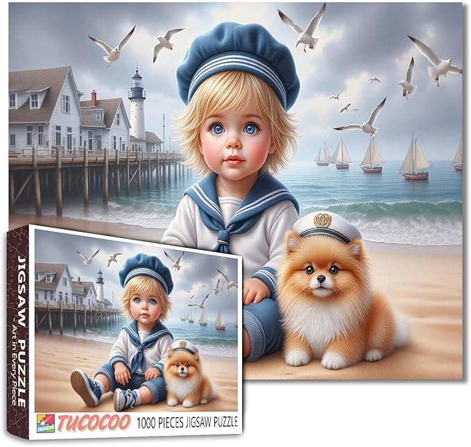 Tucocoo 1000 Piece Jigsaw Puzzle for Adults, Nautical Boy with Puppy on Beach – Sailor Outfit, Lighthouse, Sailboats, Whimsical Ocean Puzzle, Coastal Scene Jigsaw, Art Puzzles Gift, Family Game Night