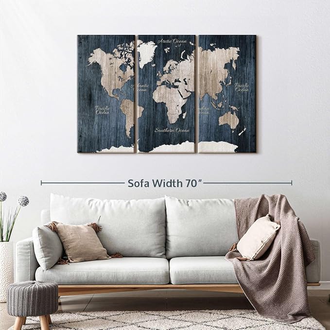 ElephantStock Aged Blue World Map I Canvas - 3 Panel Wall Decor - World Map Digital Art - Blue Wall Art - 50" X 32"