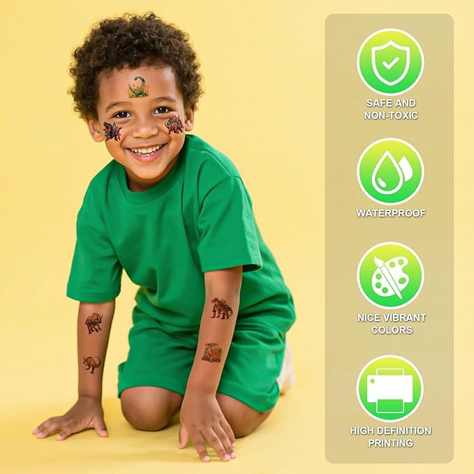 Aresvns Cute Dinosaur Temporary Tattoos for Kids, 117 Parttens Fake Cartoon Colorful Waterproof Tiny Tattoos for Girls Boys Birthday Party Summer Swimming Pool BBQ Decoration Supplies