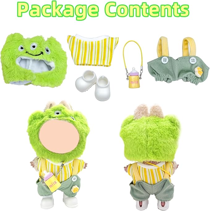 5 Piece Set -Premium Fashion Cute Clothes for 17cm Dolls,Stylish Accessaries Clothes Dress-Up,Includes—Plush Hat + Striped Top + Overalls + Bottle Charm + Shoes (Style K)