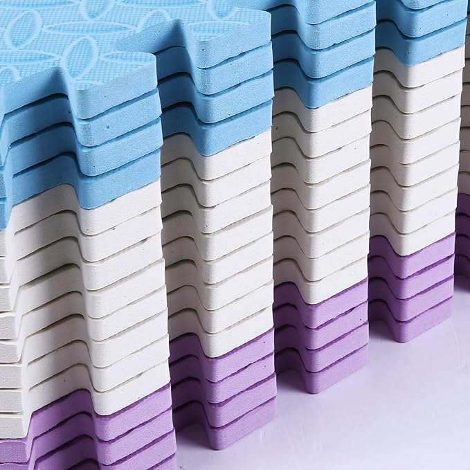 Play Mat for Babies 0-6 Months, Solid Colored Foam Floor Mat, Eva Non-Toxic Foam Puzzle Floor Mats, 0.4" Thick Square Kids Playmat丨47x47 Play Mat for Playpen (White/Purple/Light Blue)
