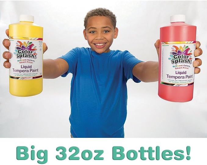 S&S Worldwide Color Splash! Liquid Tempera Bulk Paint, Set of 12 in 11 Bright Colors, 16-oz Easy-Pour Squeeze Bottles, For Arts & Crafts, School, Classroom, Poster Paint, For Kids & Adults, Non-Toxic.