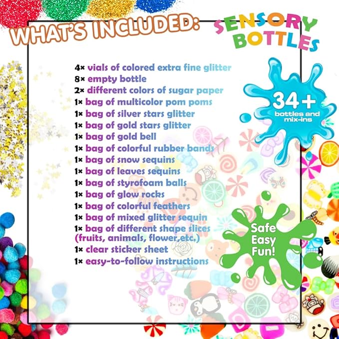 Calm Down Sensory Bottles for Calm Down Corner Items, Calming Sensory Toys, Sensory Bottles for Social Emotional Learning with Glitter Pom Poms and More