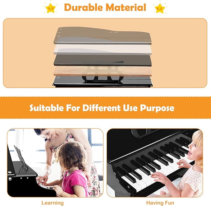 HONEY JOY Classical Kids Piano, 30-Key Mini Grand Piano with Music Stand and Bench, Wooden Musical Instrument Toy w/Lid & Music Rack, Gift for Boys Girls Ages 3+ (3 Straight Leg-Black)