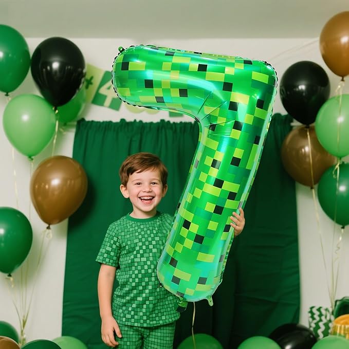 40in Pixel Giant Number 7 Balloon Birthday Decorations, Miner Theme Green Foil Balloons Blast Gaming Party Supplies