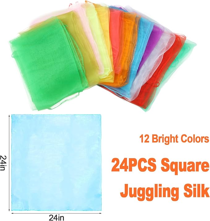 KIMOBER 24PCS Square Dance Scarves,12 Colors Juggling Silk Magic Tricks Music Movement Scarf Props for Kids Toddlers Children(24in × 24 Inches)