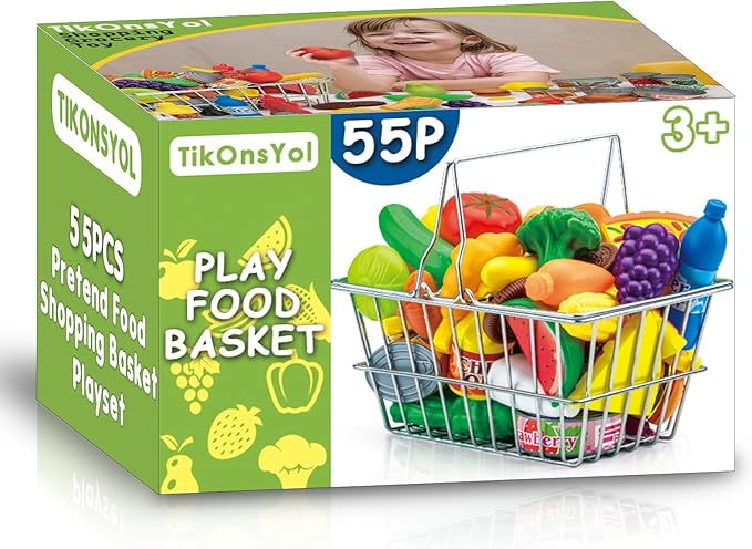 55 Pcs Grocery Store Pretend Play Food Set with Shopping Basket for Kids Toddlers 1-3 4-8, Kids Play Kitchen Accessories Plastic Fake Food Fruits and Vegetables Can Toy Gifts for Boys Girls