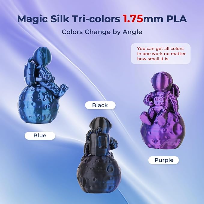 AMOLEN Silk PLA 3D Printer Filament, Tri Color Black Blue Purple PLA 1.75mm, Shiny Multi Color Change Filament 3D Printing PLA Filament for Most FDM 3D Printer, 1kg Spool(2.2lbs)