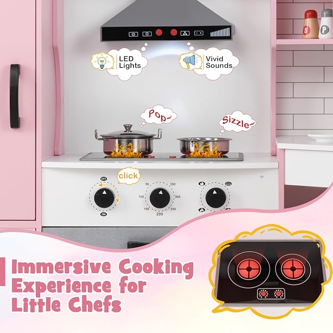 Costzon Corner Kids Kitchen Playset, Wooden Play Kitchen w/Sounds & Lights, Washing Machine, Range Hood, Ice Maker, Microwave, Oven, Sink, Pretend Toy Kitchen Set for Toddler, Gift for Boys Girls