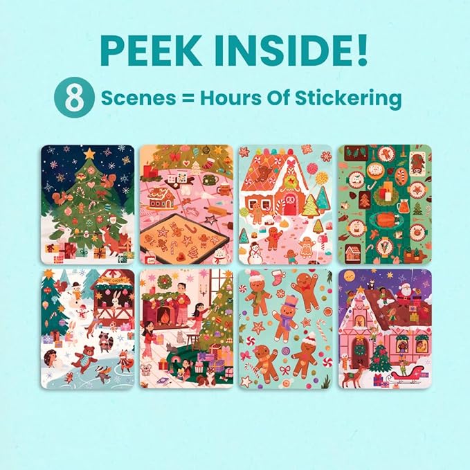 CUPKIN Holly Jolly Holiday Stickers for Kids Toddler Sticker Book, Santa Christmas Activity Book, Toddler Travel Essentials, 300+ Christmas Stickers + 8 Sticker Scenes and Coloring Pages