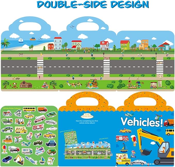 Reusable Sticker Book for Kids, Vehicles Truck Stickers Educational Learning Toys Travel Stickers Activity Books for Toddler Girls Boys Age 3+ Birthday Gifts