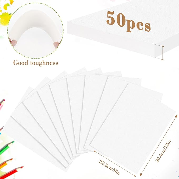 50PCS 9x12 Watercolor Paper Bulk, 140lb/300g Cold Press Thick Water Color Paper Pad for Kid Child Adult, White Art Paper for Drawing Painting Markers Gouache, Textured Cotton Paper Sheets