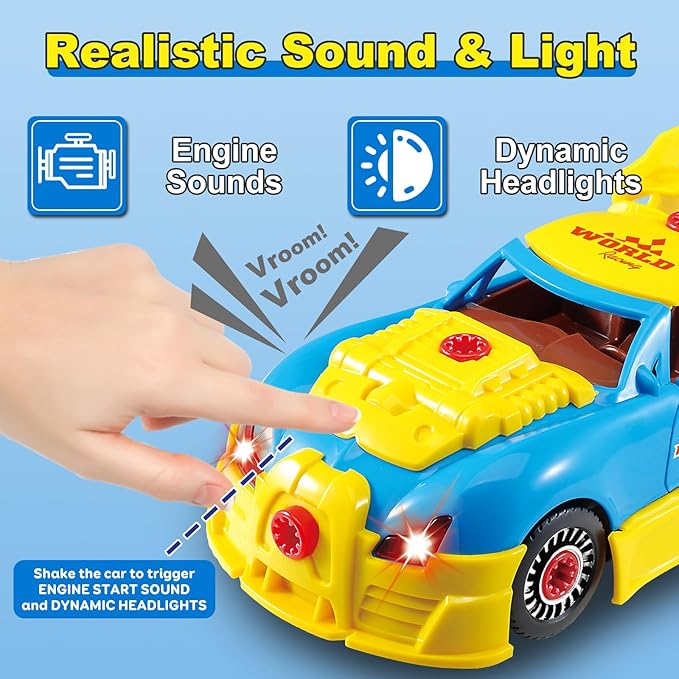 Construction Toys for Boys Age 3-8, Take Apart Toy Car Racing, 30 Pieces Building Toys with Electric Drill, Build Your Own Car with Realistic Sounds & Lights, STEM Gifts Kids (4 Spare Screws)