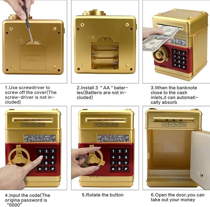 Electronic Piggy Bank with Password Lock & Mini ATM Function - Money Saving Box for Kids, Safe Coin Bank Toy for Ages 3 for Boys & Girls (Gold)