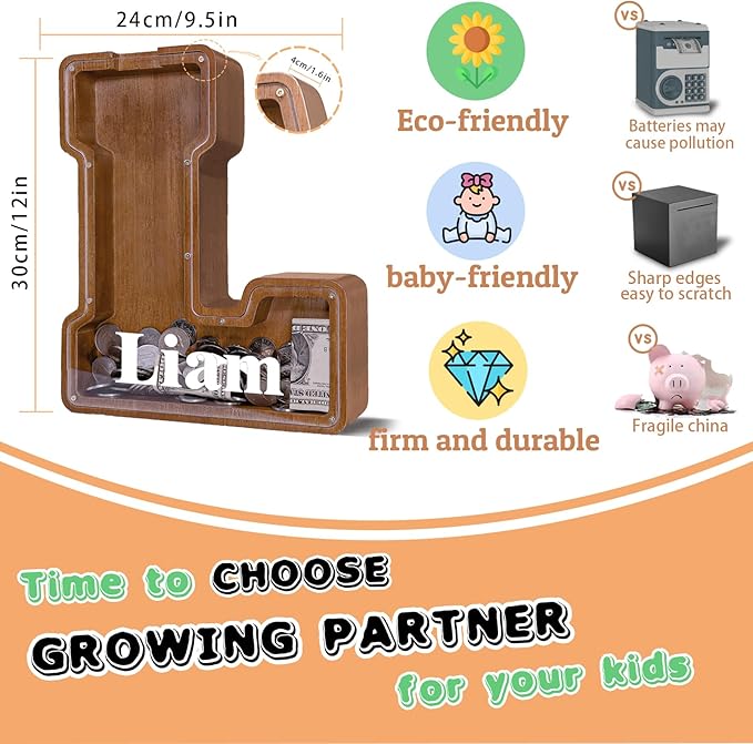 Wooden Letter Piggy Bank for Kids Larger Letter Piggy Bank for Boys and Girls Personalized Piggy Bank Initial Coin Bank Wood Kids Money Bank for Birthday and Festival